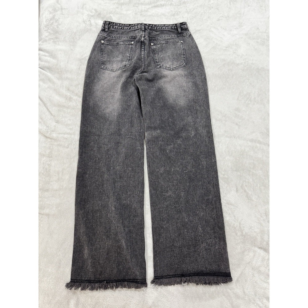 PrettyLittleThing Washed Black Frayed Raw Seam Wide Leg Jeans Y2K Grunge 8 Tall - Picture 3 of 8